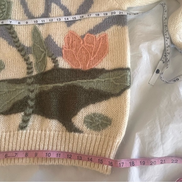 YEO’S Vtg 80s Hand-knit Wool Mohair Sweater Abstract 3D Knit Waterlily Print XL - Picture 10 of 11